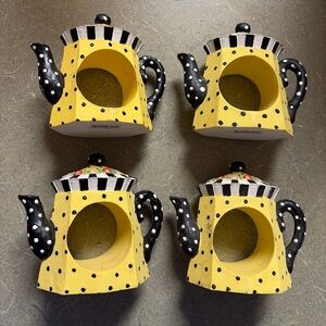 Napkin Holders Set of 4 Yellow Tea Pot W/ Black Polka Dots 3"x 3"